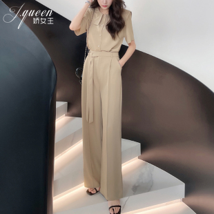 套装 衬衣休闲时尚 女夏季 气质御姐炸街阔腿裤 两件套 新款 海军领短袖