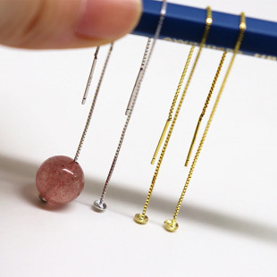 S925纯银电黄金耳线细盒仔耳链带托盘挂珠子水晶diy耳饰品小配件