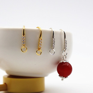 纯银耳环配件S925镀黄金开口圈银饰品粗耳钩细条三钻diy手工耳坠