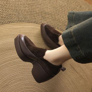 深口粗跟松糕鞋 2026春秋新款 女 7cm复古拼接防水台高跟鞋 手工女鞋