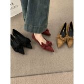 单鞋 复古百搭坡跟单鞋 绒面红色春季 2025新款 女 蝴蝶结尖头浅口瓢鞋