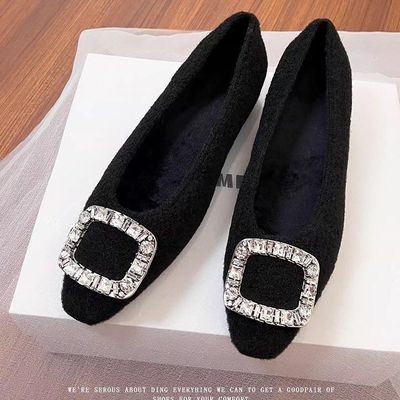 秋冬季加绒保暖绒面浅口玛丽珍单鞋女平底内增高5CM方扣毛毛鞋女