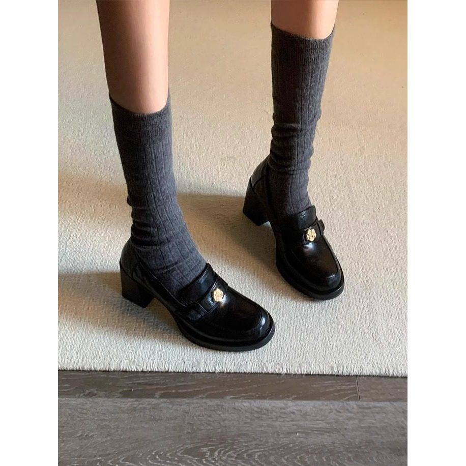 软皮版~新款复古高跟乐福单鞋女山茶花百搭通勤外穿一脚蹬小皮鞋,女鞋,乐福鞋（豆豆鞋）,淘宝优惠券,粉丝福利购,淘宝优惠卷