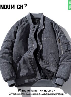 CHINDUM CH灯芯绒棒球服棉服秋冬宽松大码飞行员夹克条绒棉服外套