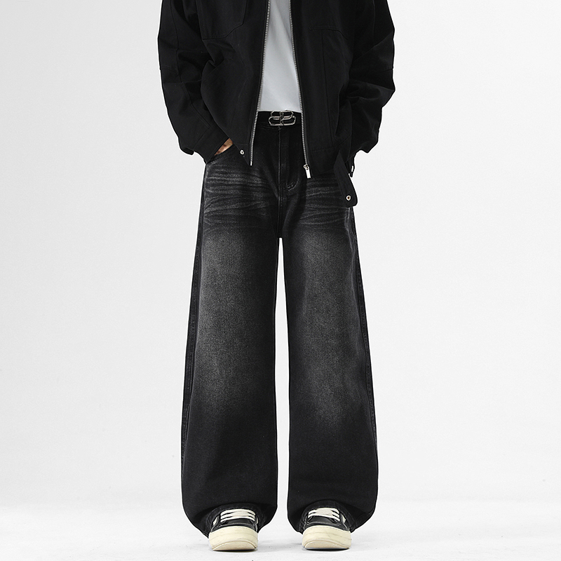 百搭高腰直筒宽松拖地弯刀牛仔裤