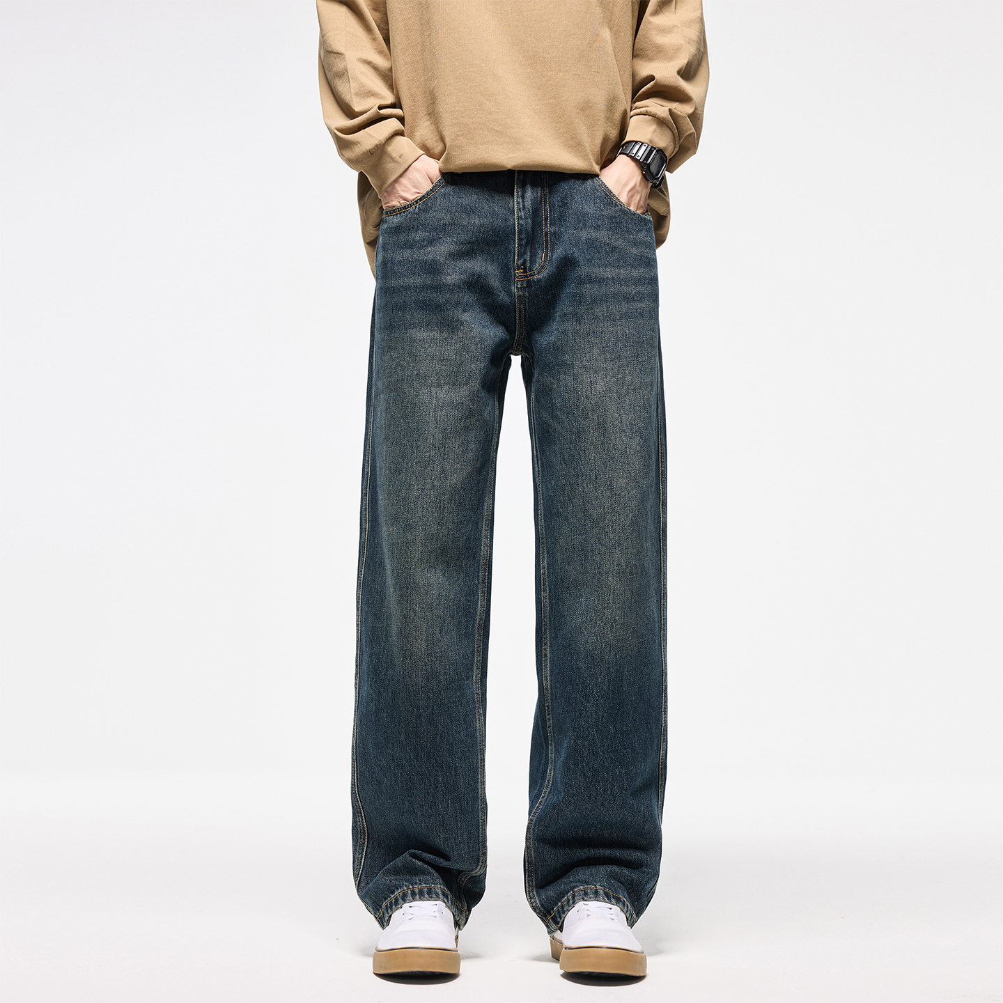 复古高腰显瘦直筒垂感宽松牛仔裤