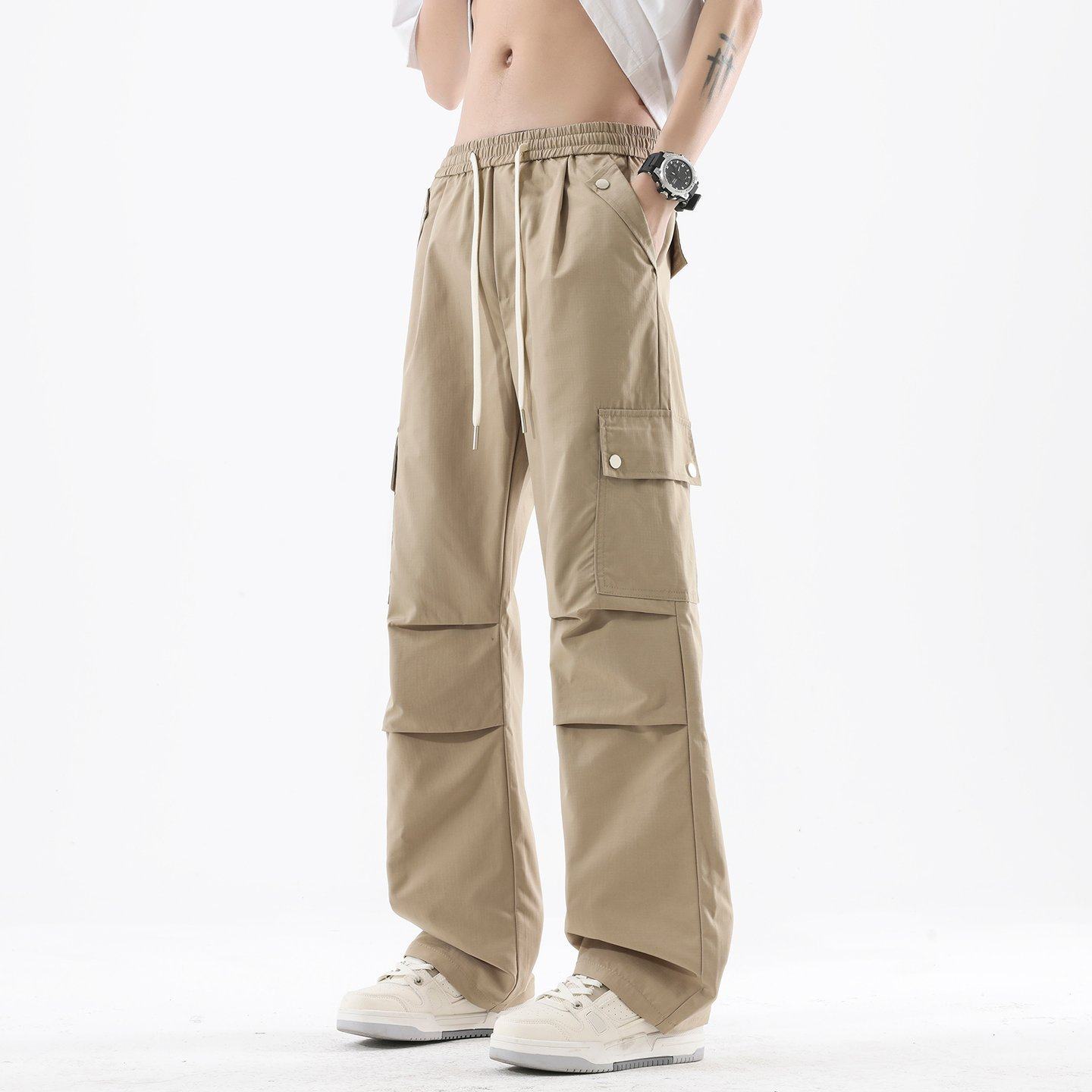 复古卡其色多口袋阔腿工装裤男士春秋新款裤子高腰显瘦窄版拖地裤,男装,休闲裤,淘宝优惠券,粉丝福利购,淘宝优惠卷