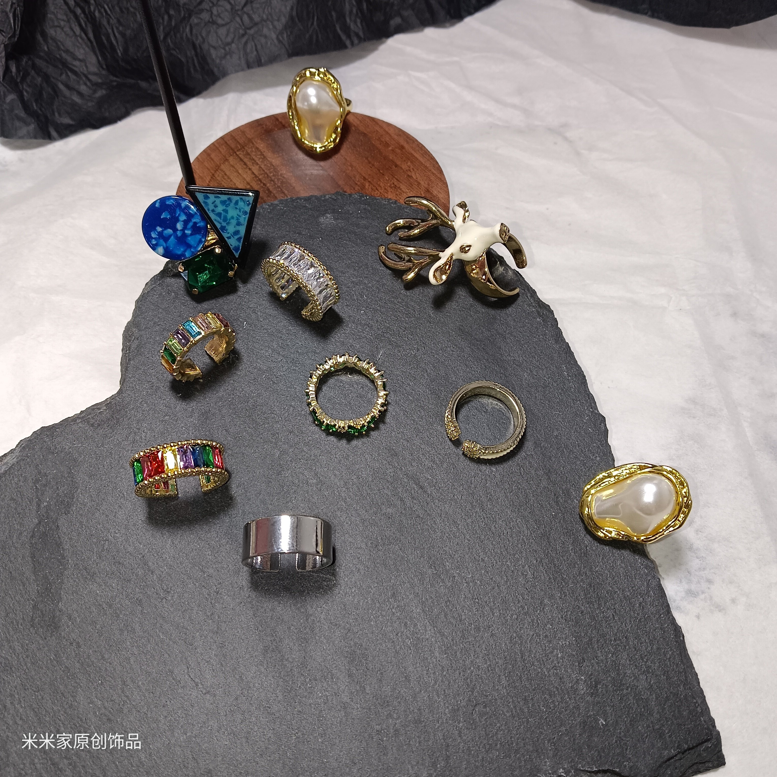 五件包邮彩色锆石戒指高级感轻奢开口可调食指戒环珍珠小众设计女