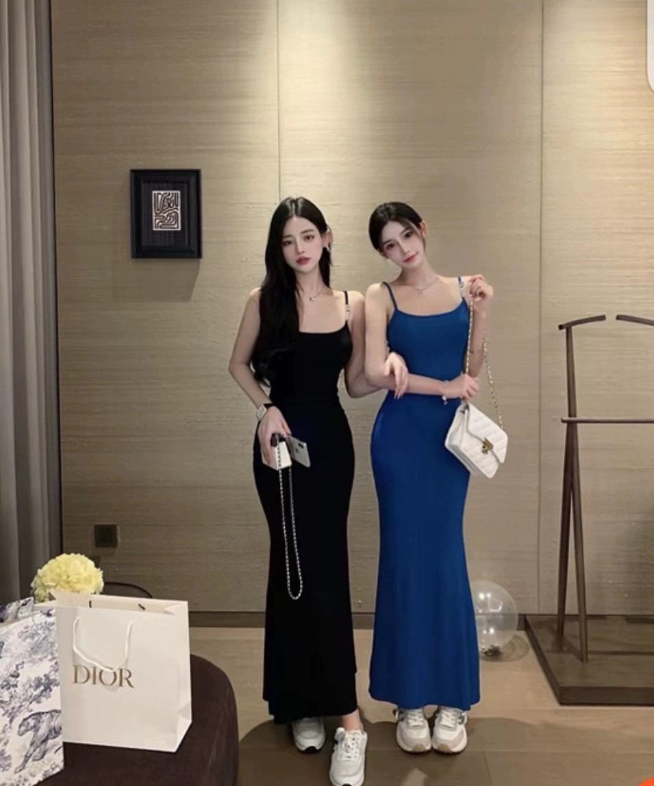 高级感吊带鱼尾带胸垫修身高腰性连衣裙