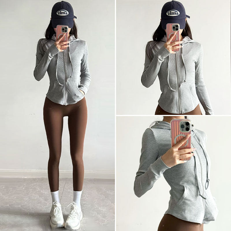连帽修身灰色健身外套女休闲开衫运动上衣普拉提训练瑜伽服长袖秋,运动服/休闲服装,健身衣,淘宝优惠券,粉丝福利购,淘宝优惠卷