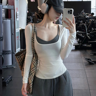 欧美白色健身长袖女训练普拉提运动T恤瑜伽服上衣秋季2026新款
