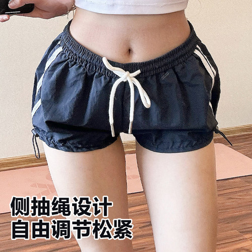 宽松抽绳健身短裤薄款速干瑜伽裤女休闲外穿跑步运动三分裤女春季