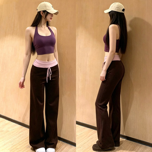 撞色抽绳直筒健身裤女宽松显瘦遮肉跑步运动裤专业普拉提瑜伽裤夏