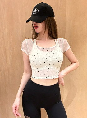 黑白波点健身短袖女绝美防震聚拢运动T恤撞色专业网纱瑜伽上衣夏