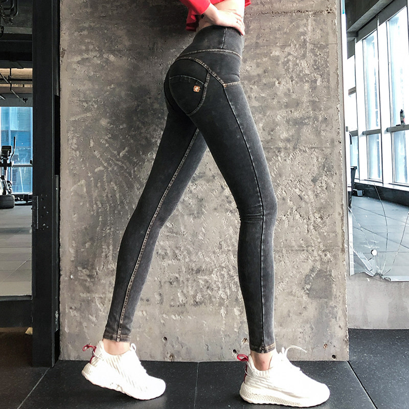 高腰牛仔蜜桃臀健身裤女高弹力紧身运动裤性感提臀瑜伽裤小脚加绒