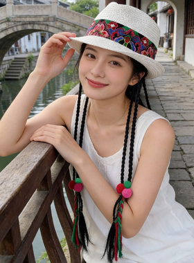出游民族风女士春夏绣花草帽