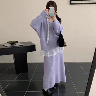 2025秋冬新款温柔风蕾丝拼接毛衣上衣半身长裙两件套宽松慵懒套装
