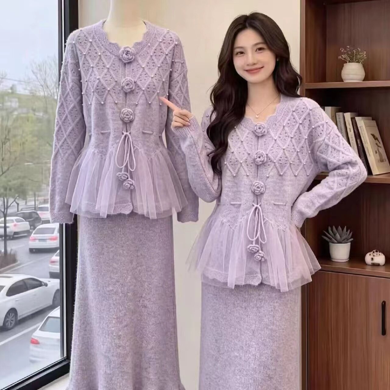 高级感小香风立体花朵针织衫女秋冬大码胖mm慵懒减龄漂亮毛衣套装