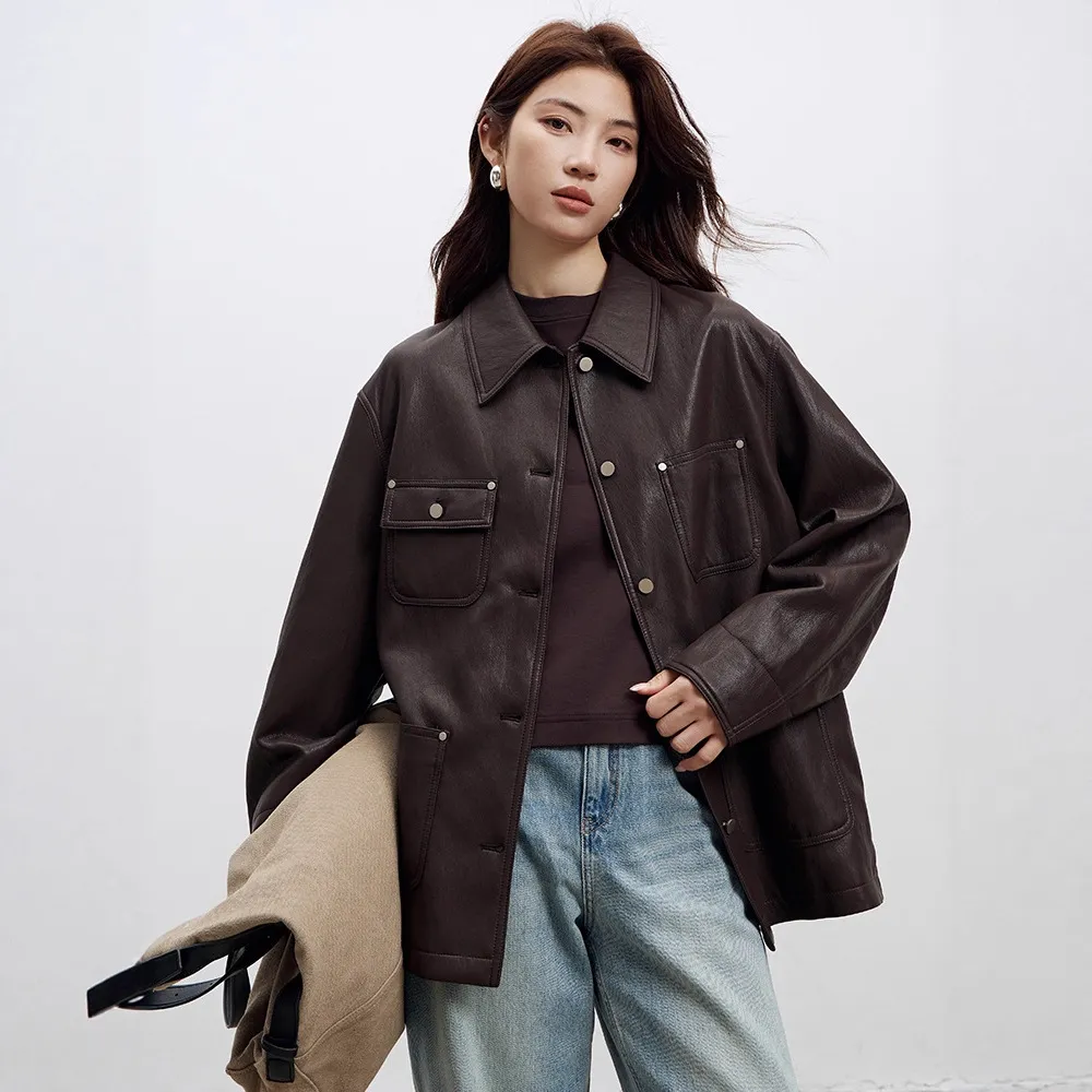 欧美廓形翻领工装皮衣外套女2025秋季新款时尚哑光机车皮夹克开衫