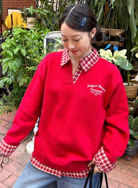 FORUYES官方店 秋冬假两件红色格纹polo领假两件外套chic百搭毛衣