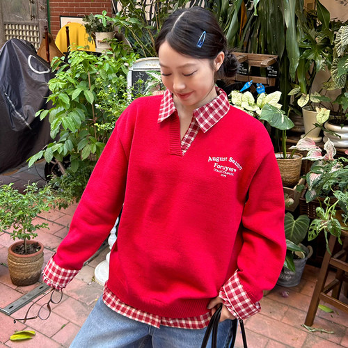 FORUYES官方店 秋冬假两件红色格纹polo领假两件外套chic百搭毛衣