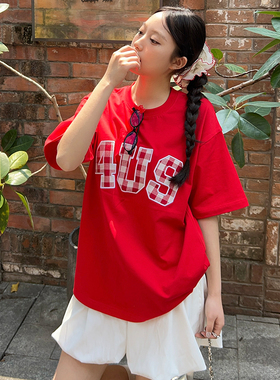 FORUYES官方店 春夏格子贴布绣国潮牌情侣男女宽松打底衫T恤短袖