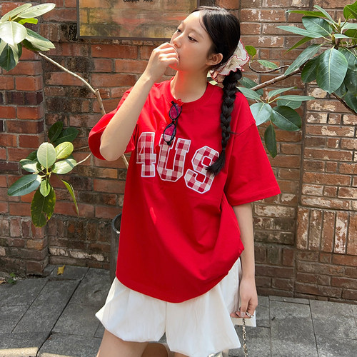 FORUYES官方店 春夏格子贴布绣国潮牌情侣男女宽松打底衫T恤短袖