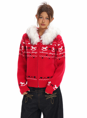 FORUYES官方店 秋冬复古慵懒费尔岛毛领连帽针织开衫加厚毛衣外套