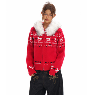 FORUYES官方店 秋冬复古慵懒费尔岛毛领连帽针织开衫加厚毛衣外套