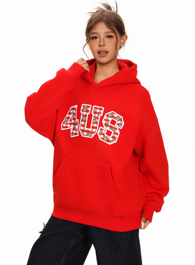 FORUYES官方店 秋冬格纹字母KT图案贴布刺绣情侣款宽松上衣连帽衫