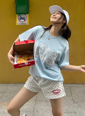 FORUYES官方店 美式复古校园风标语刺绣波点女ins潮修身休闲短裤