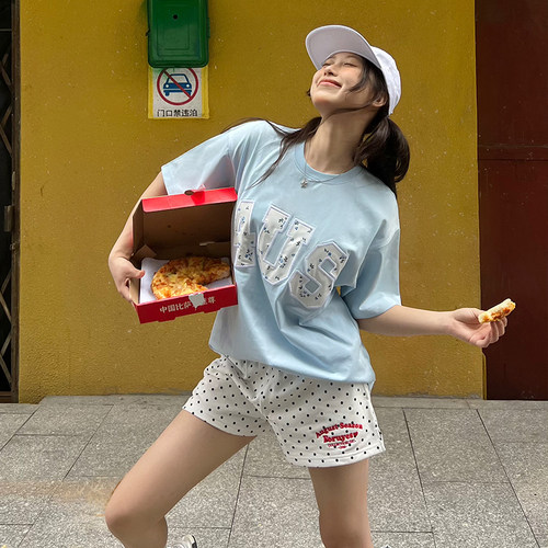 FORUYES官方店 美式复古校园风标语刺绣波点女ins潮修身休闲短裤