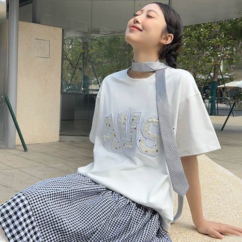 FORUYES官方店 夏季贴布绣小香风字母情侣款男女宽松圆领t恤短袖