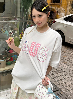 FORUYES官方店 夏季贴布绣彩色波点格纹碎花情侣男女宽松T恤短袖