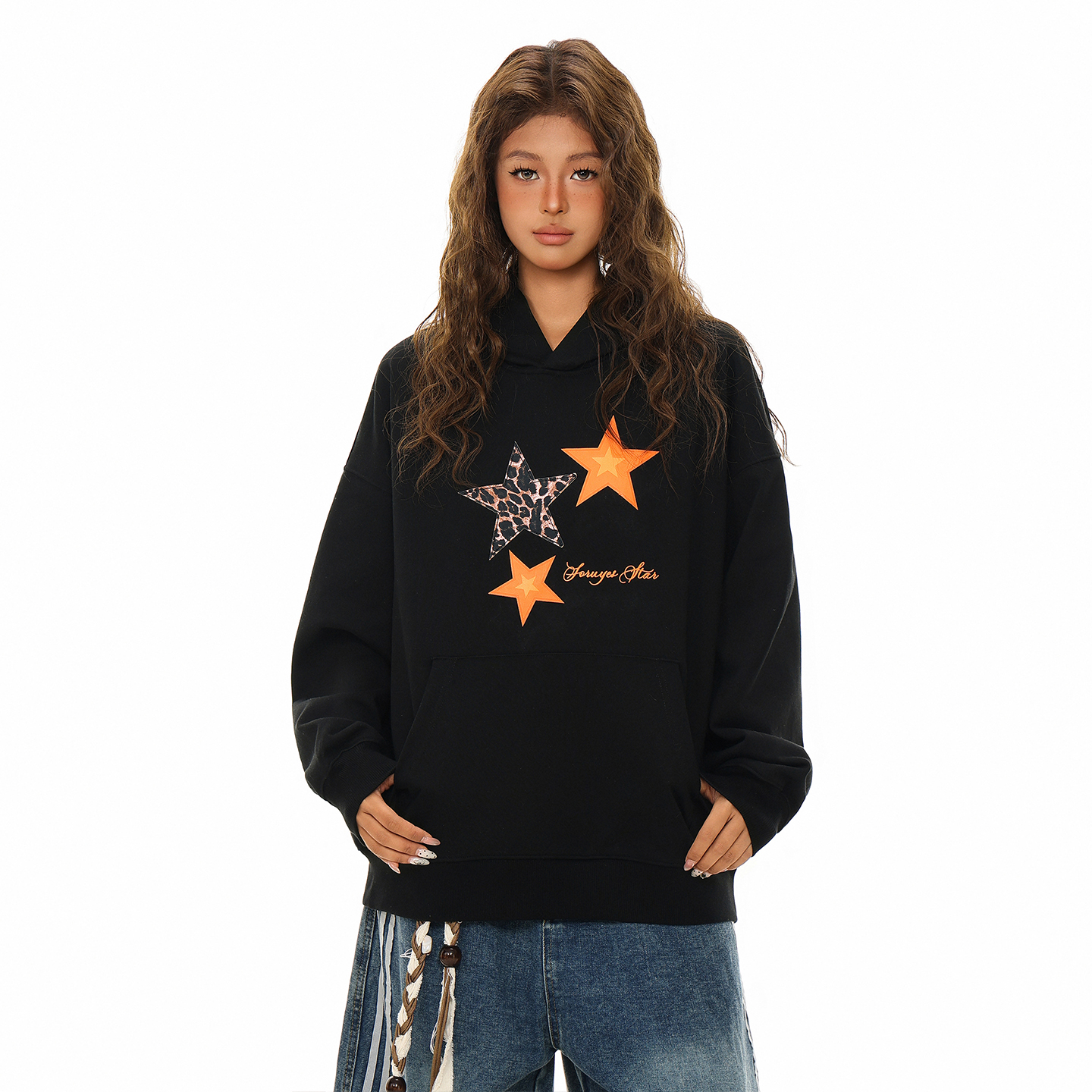 FORUYES美式复古五角星豹纹卫衣