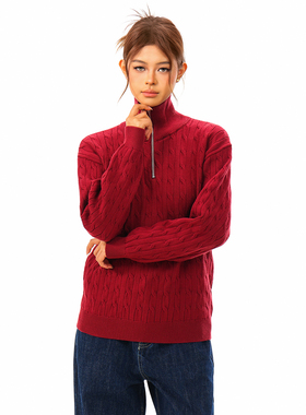 FORUYES官方店 美式复古春秋绞花麻花半拉链立领针织衫上衣毛衣