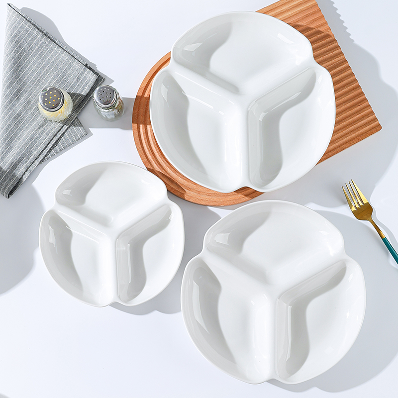 三格盘陶瓷纯白减脂定量分餐盘