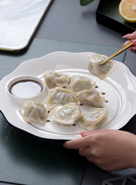 饺子盘家用带醋碟纯白双层沥水盘创意陶瓷虾盘釉下彩大号水饺盘子
