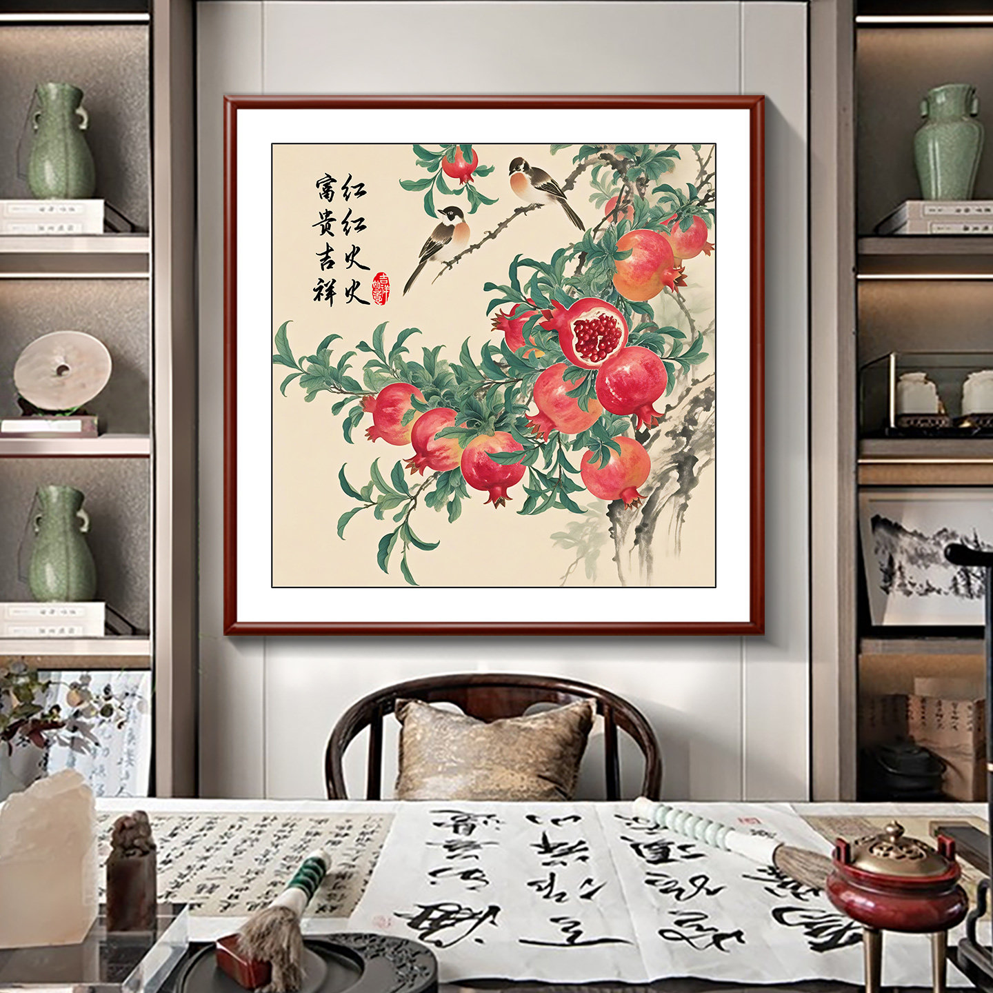 多子多福石榴挂画新中式书房果实装饰画富贵吉祥茶室饭厅定制壁画
