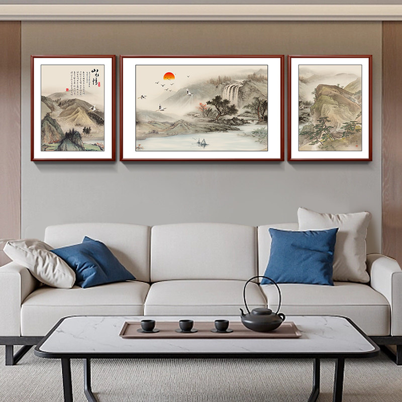 山水画 画客厅挂画 画新中式沙发背景墙装饰画 画山水情三联画 画