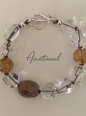 Amotional/小冰块白水晶黑金超手串手链原创手作小众棕咖色925银