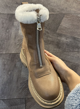 欧洲站东北大棉鞋女款冬皮面雪地靴全牛皮美拉德全牛皮真皮小短靴