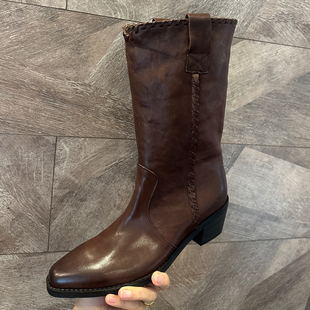 欧洲秋冬头层牛皮棕色尖头马靴女真皮西部牛仔靴做旧废土风中筒靴