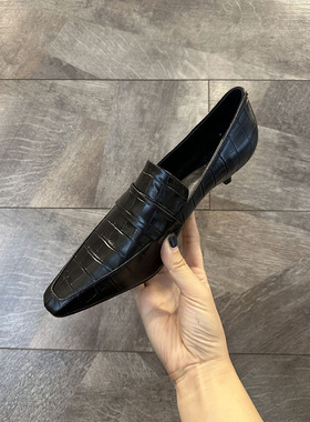 欧洲站法式英伦乐福鞋女2025春季新款小猫跟方头鳄鱼纹真皮单鞋女