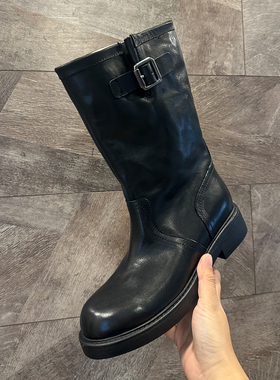 欧洲站水洗头层牛皮英伦风靴子时尚百搭圆头中筒靴皮带扣机车短靴