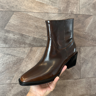 欧洲秋冬头层牛皮擦色复古法式高级感短靴女靴子高跟切尔西靴真皮
