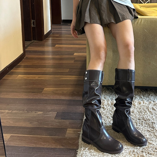 秋冬真皮厚底显瘦堆堆西部靴女