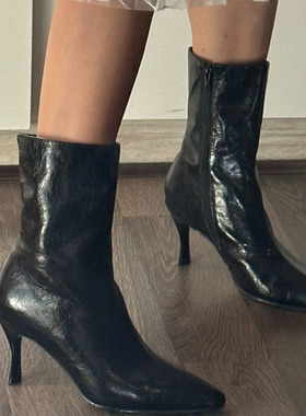 欧洲尖头细高跟早秋气质牛皮高级感炸街法式小短靴女小个子及踝靴