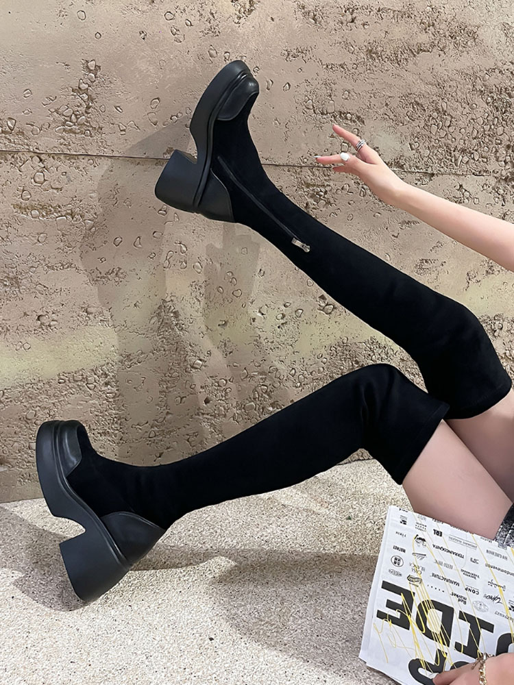 厚底过膝靴圆头显瘦增高头层牛皮