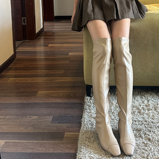 时装洋气杏色法式2026秋冬弹力瘦瘦过膝长靴显瘦包腿长筒靴女真皮